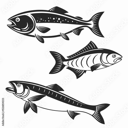Three stylized salmon fish illustrations black and white design