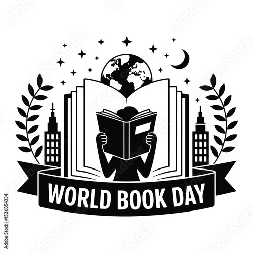  World book day silhouette with reader, open book, globe and celestial elements