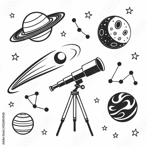 Astronomy illustration planets stars telescope space exploration night sky celestial bodies