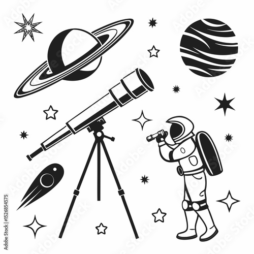 Astronaut using telescope to observe planets stars and comet in space