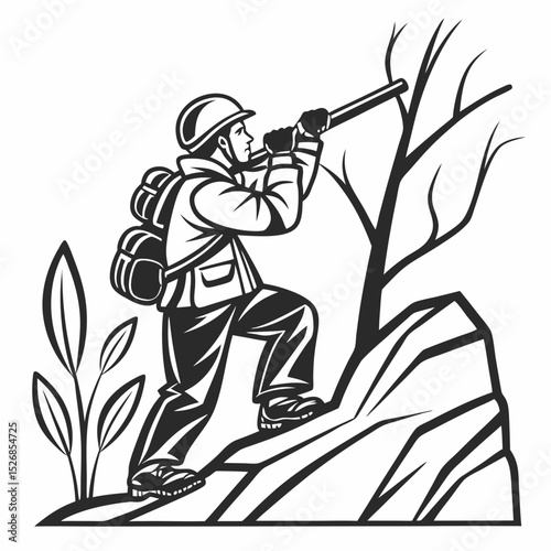Climber with backpack using hiking stick on rocky mountain