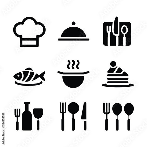 vector icons cooking food chef hat include a pizza slice, a sushi roll, spaghetti and meatballs, a curry bowl burger , fish 
