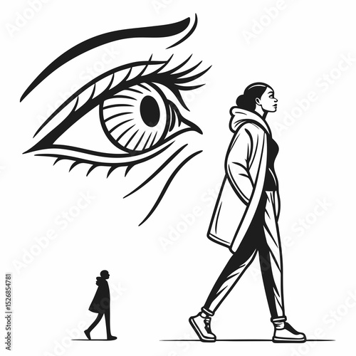Woman walking away large eye watching her small person following