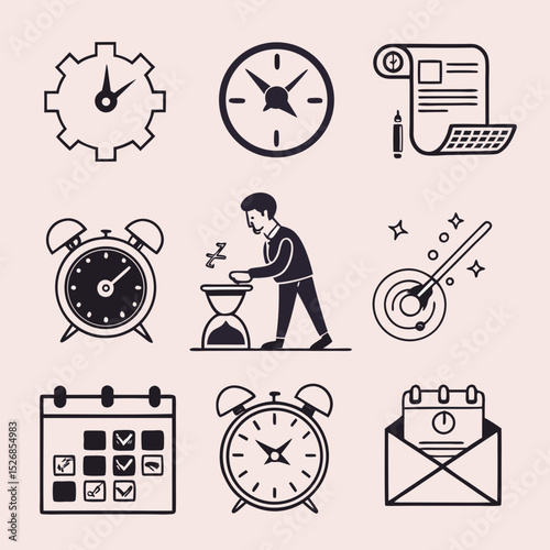 Time management icons clock alarm schedule productivity business