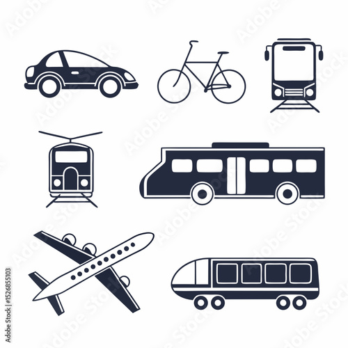 Transportation icons set car bicycle bus train airplane subway