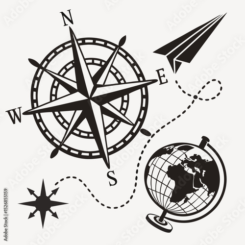 Compass rose globe paper airplane travel adventure journey exploration