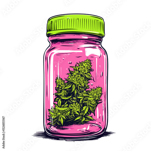 Colorful Vintage Jar with Cannabis Plant