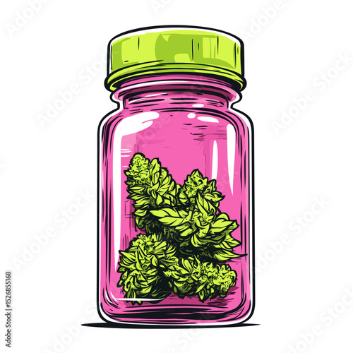 Colorful Vintage Jar with Cannabis Plant