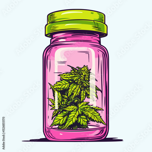 Colorful Vintage Jar with Cannabis Plant