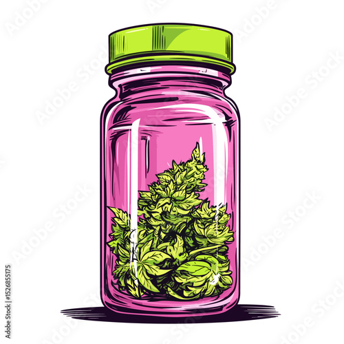 Colorful Vintage Jar with Cannabis Plant