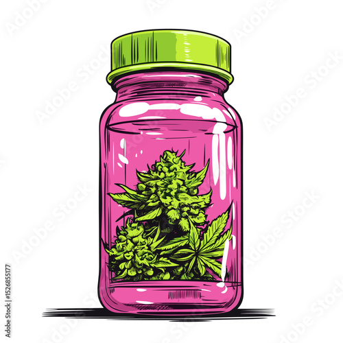 Colorful Vintage Jar with Cannabis Plant