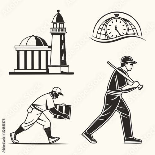 Black and white illustrations of a lighthouse, dome building, clock, delivery person, and baseball player