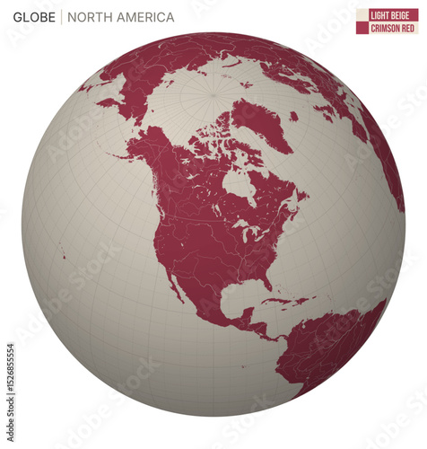 Vector Globe centered to North America. Light Beige Crimson Red palette. World map with meridians, parallels, countries, rivers and lakes. Stylish vector illustration.