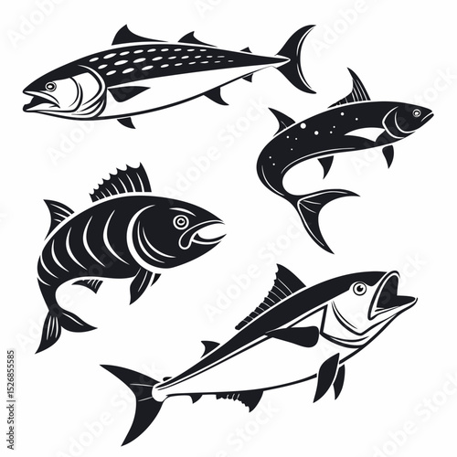 Collection of stylized black and white fish illustrations