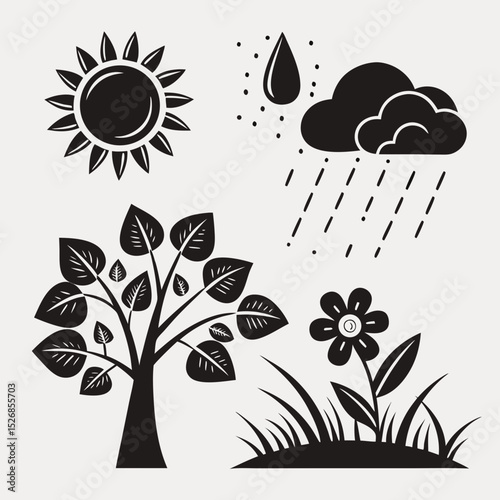 Black and white illustration of sun rain tree flower grass