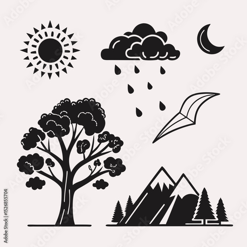 Nature icons sun cloud rain tree mountains moon kite