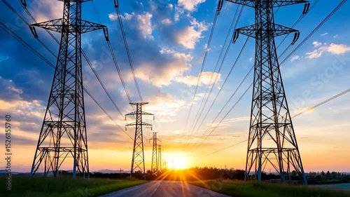 Power line towers at sunset energy and infrastructure transmission lines