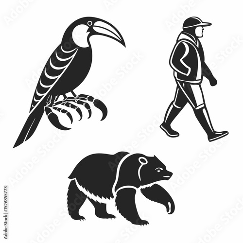 Toucan bear man walking wildlife animal silhouette graphic design