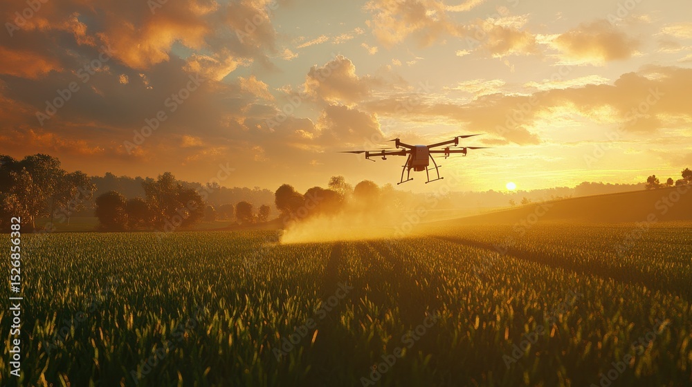 Fototapeta premium A drone spraying crops in a green field at sunset, enhancing agricultural productivity and precision farming practices in the rural landscape