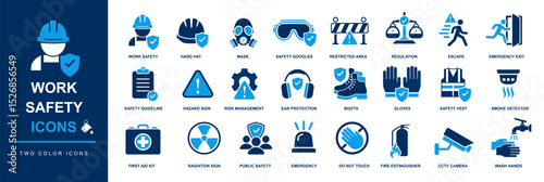 worker safety and PPE icon set. work safety, protection, prevention, security, hazard, risk management, emergency etc conceptual icon set for banner, print and industrial use