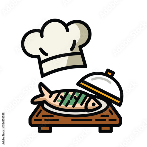 vector icons cooking food chef hat include a pizza slice, a sushi roll, spaghetti and meatballs, a curry bowl burger , fish 

