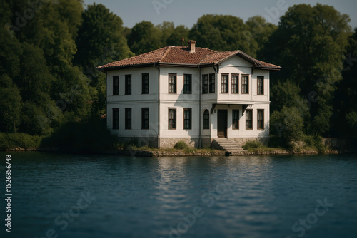 Elegant White House On Blue Lake Shore With Green Trees And Mountains In Peaceful Summer Landscape
