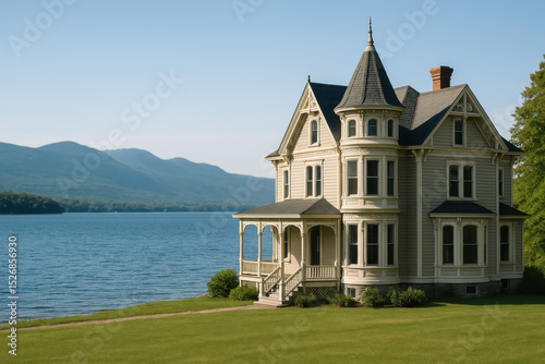 Vintage Victorian House Facing Lake With Mountains In Background And Lush Green Landscape Around