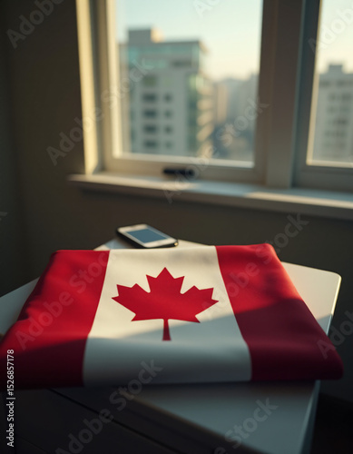Bandera canadiense acomodada delicadamente en un escritorio en oficina junta a una ventana. photo