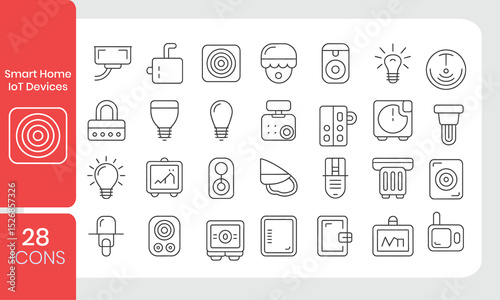 Smart Home  IoT Devices line icon set. devices, digital,smart appliances, smart, router, remote control, position, hub, detector and more. Outline vector icon in linear style. Series of pictograms.