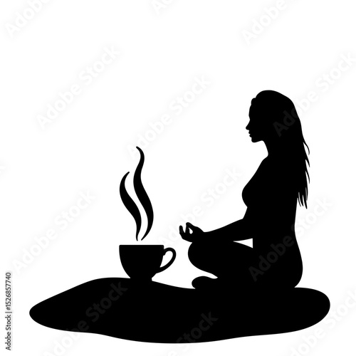 Silhouette of woman meditating with steaming cup on white background, serenity balance wellness