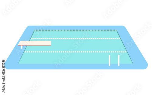 Swimming pool vector illustration. Empty rectangular pool with diving board, lane dividers, ladder isolated on white background. Sport leisure activity for wellness, aqua fitness in flat style