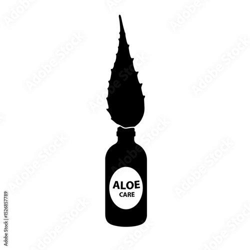 Silhouette of aloe leaf on bottle labeled Aloe Care, minimal black and white design