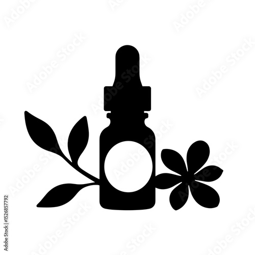 Silhouette of small bottle with blossom and leaves - natural skincare concept
