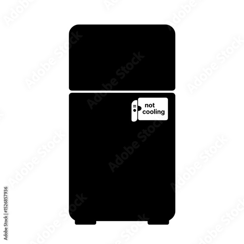 Silhouette of fridge with "not cooling" label on white, appliance maintenance issue
