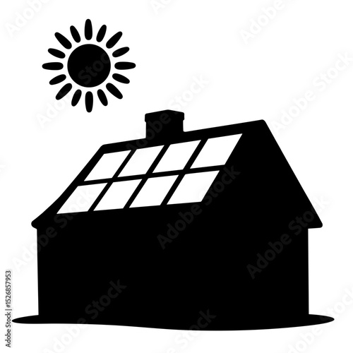Silhouette of house with solar panels under sun, renewable energy eco home