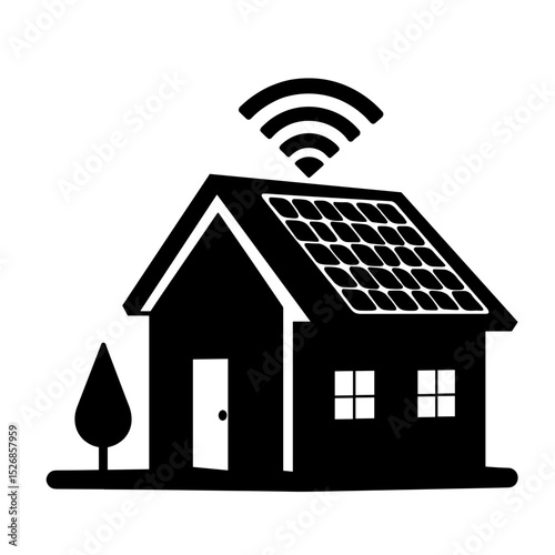 Silhouette of a house with solar panels and wifi signal, smart home energy control