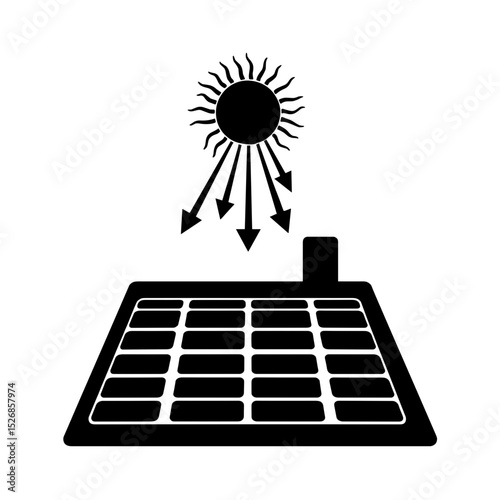 Silhouette sun powering solar panels with energy arrows, renewable energy concept