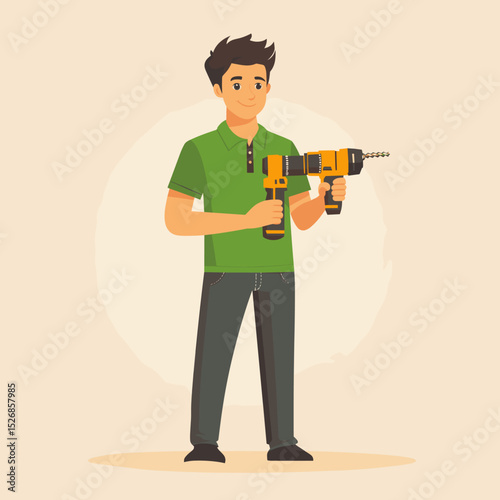 Cheerful handyman with a drill in stylish attire