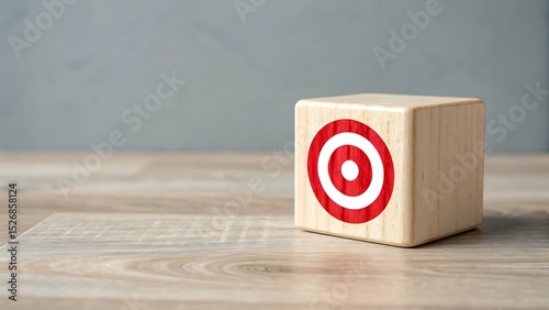 Wooden cube with red target symbol on a wood grain surface aiming for goals
