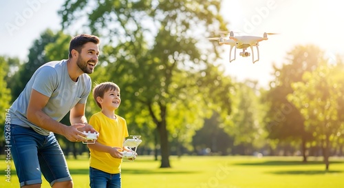 Fototapeta Naklejka Na Ścianę i Meble -  Father & Son Flying Drone Together in Summer Park. Joyful Dad Teaching Little Boy to Pilot Quadcopter on Sunny Green Lawn. Leisure, Bonding, Modern Technology, Happy Family Moment