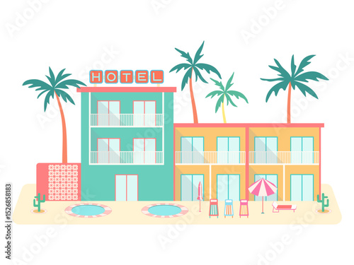 Tropical resort hotel vector illustration. Retro summer building with balconies, pool, palm trees, sunbeds, parasol isolated on white background. Flat cartoon scene for beach vacation, tourism design