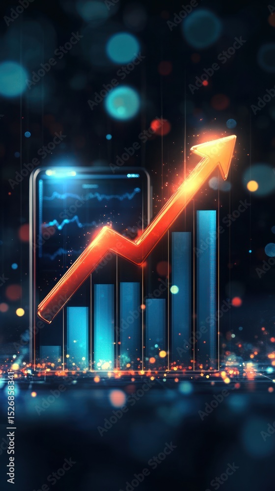 Fototapeta premium Smartphone with rising graph, digital display, glowing