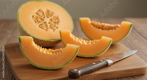 A cantaloupe half, two slices, and a knife sit on a wooden cutting board. The scene is brightly lit and emphasizes the fresh fruit.