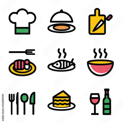 vector icons cooking food chef hat include a pizza slice, a sushi roll, spaghetti and meatballs, a curry bowl burger , fish 
