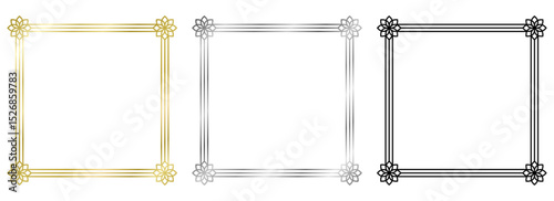 Set of golden, silver, black frames with flowers isolated on white. Vector square frame. Frame for text, certificate, pictures, postcard. Element for design. Gold, metal