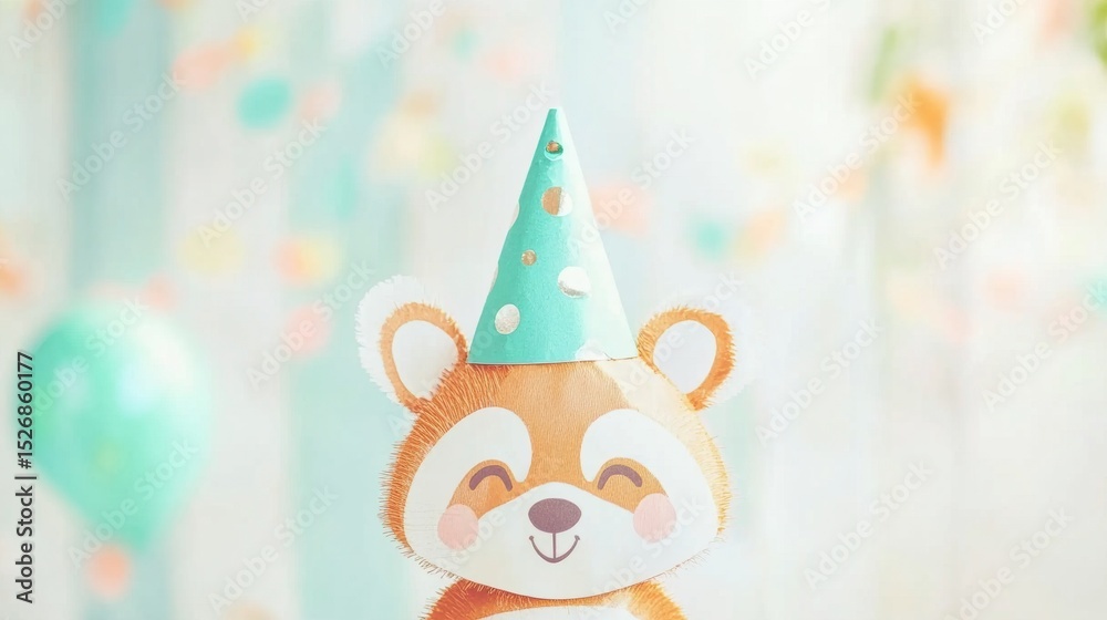 Naklejka premium Celebrating with a cute raccoon party hat decoration in a colorful setting