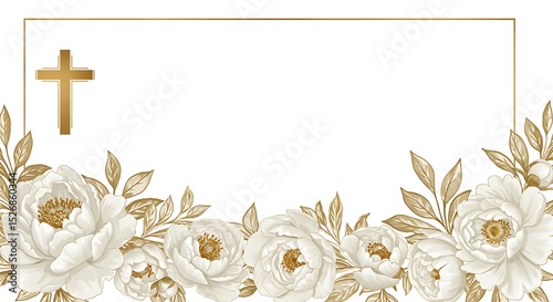 Floral design with golden cross and white peonies on blank background  
