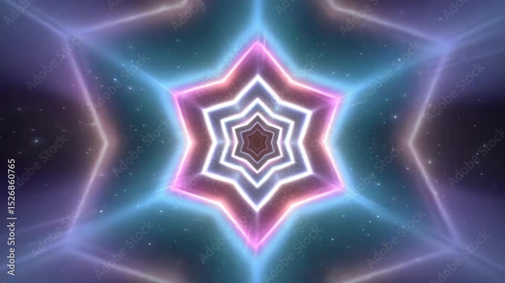 A mesmerizing view of a kaleidoscopic star-shaped tunnel, bathed in neon lights and a sense of infinite depth