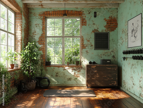 Rustic home gym with exposed brick walls, large windows, natural light, indoor plants, and minimalist workout equipment for a serene fitness space.
