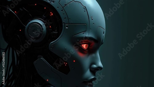 Cybernetic woman with glowing red eyes and intricate mechanical details, set against a dark background. Futuristic and intense